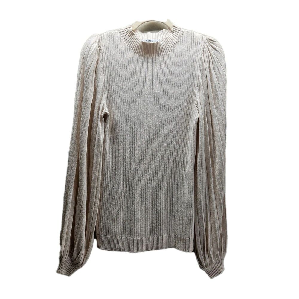 Trina Turk Womens Blouse Medium Cream Color Bishop Sleeves Ribbed